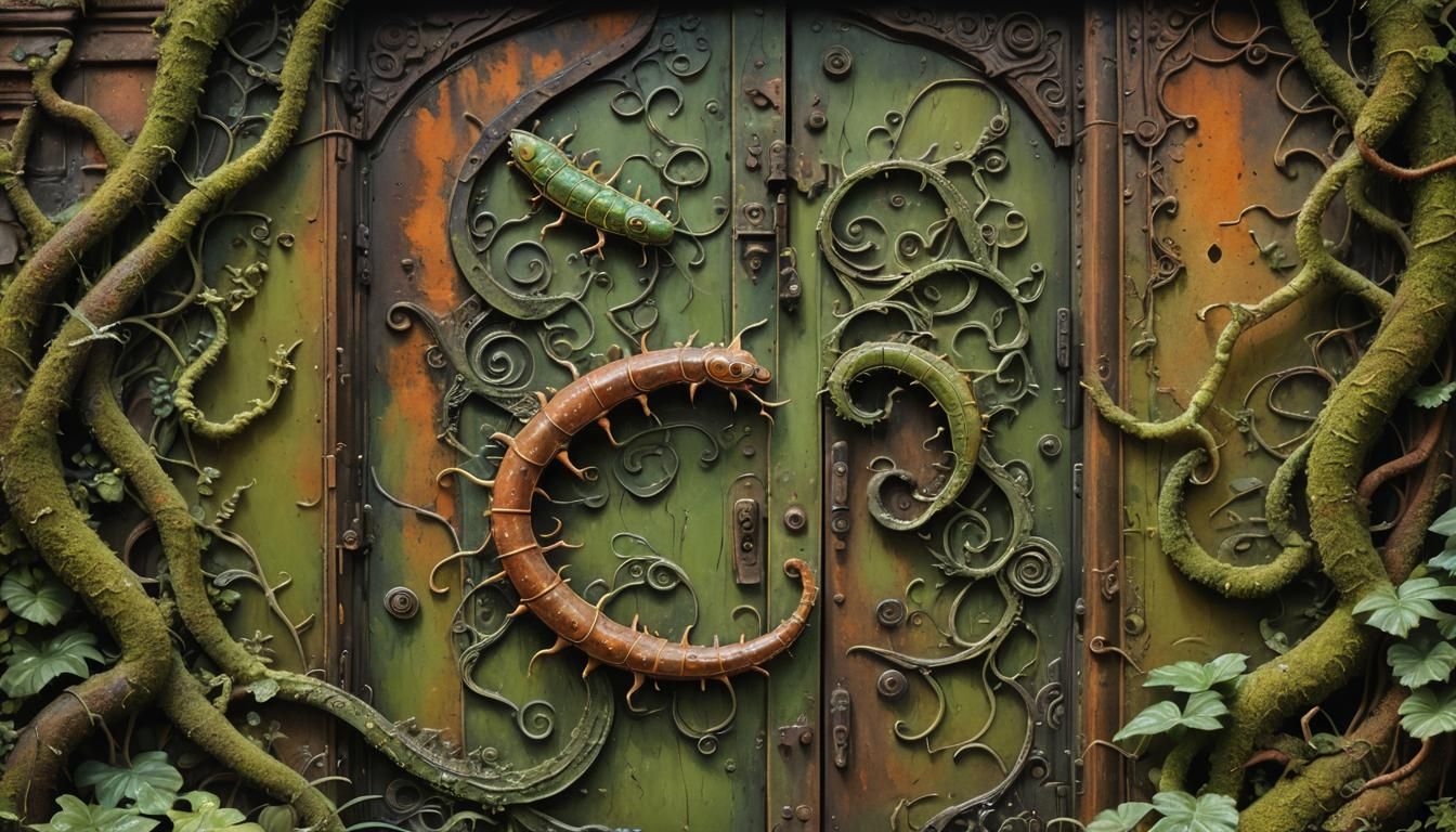 Surreal Caterpillars Guarding a Mystical Doorway