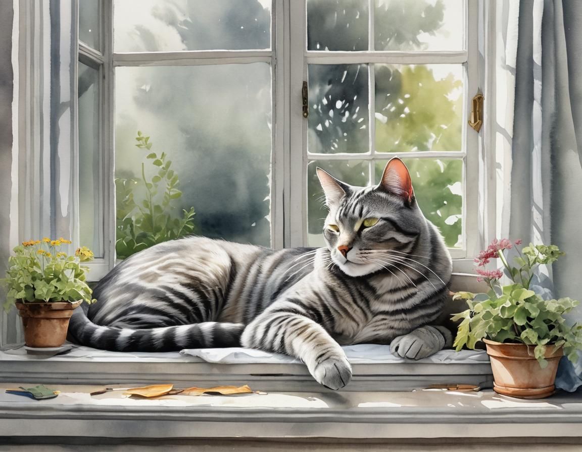 Grey Tabby Cat Sleeping in Bay Window as Watercolor