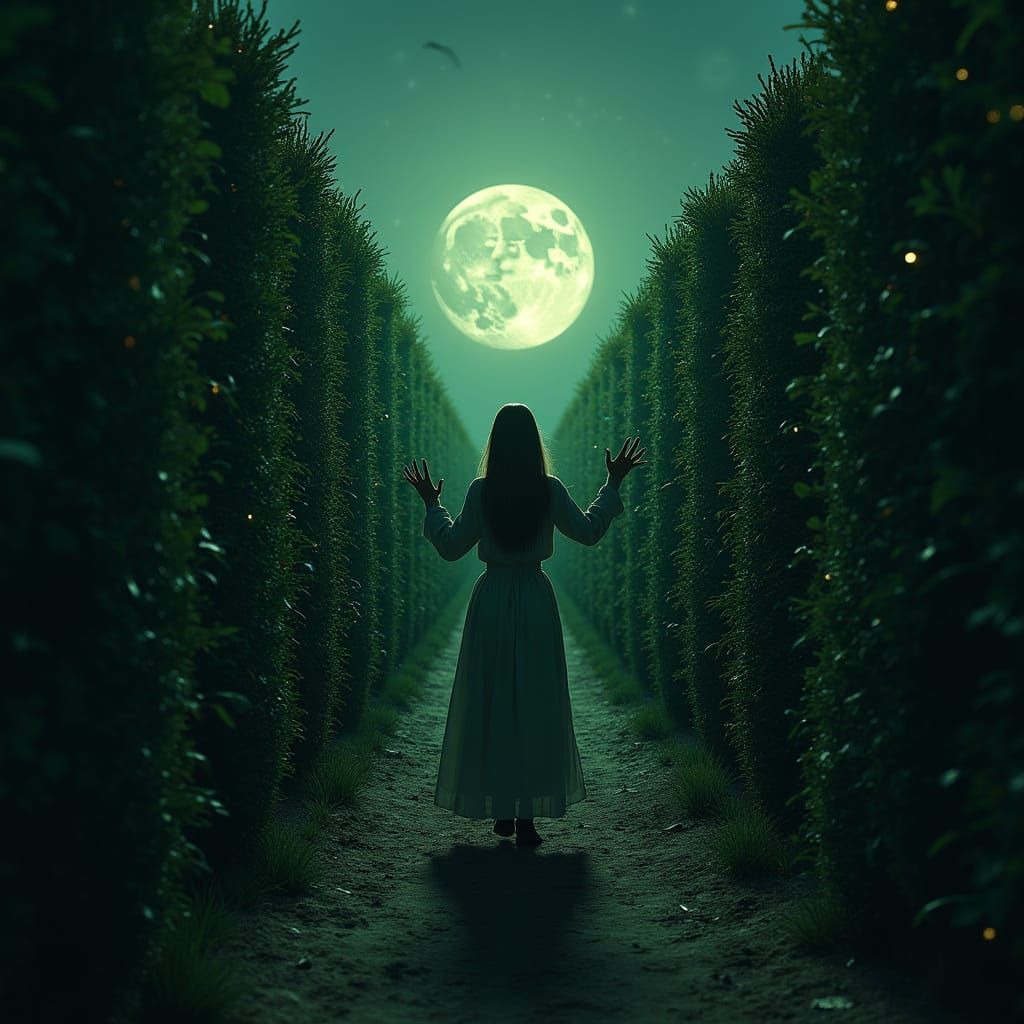 Woman in Maze with Glowing Moon, Photorealistic Style