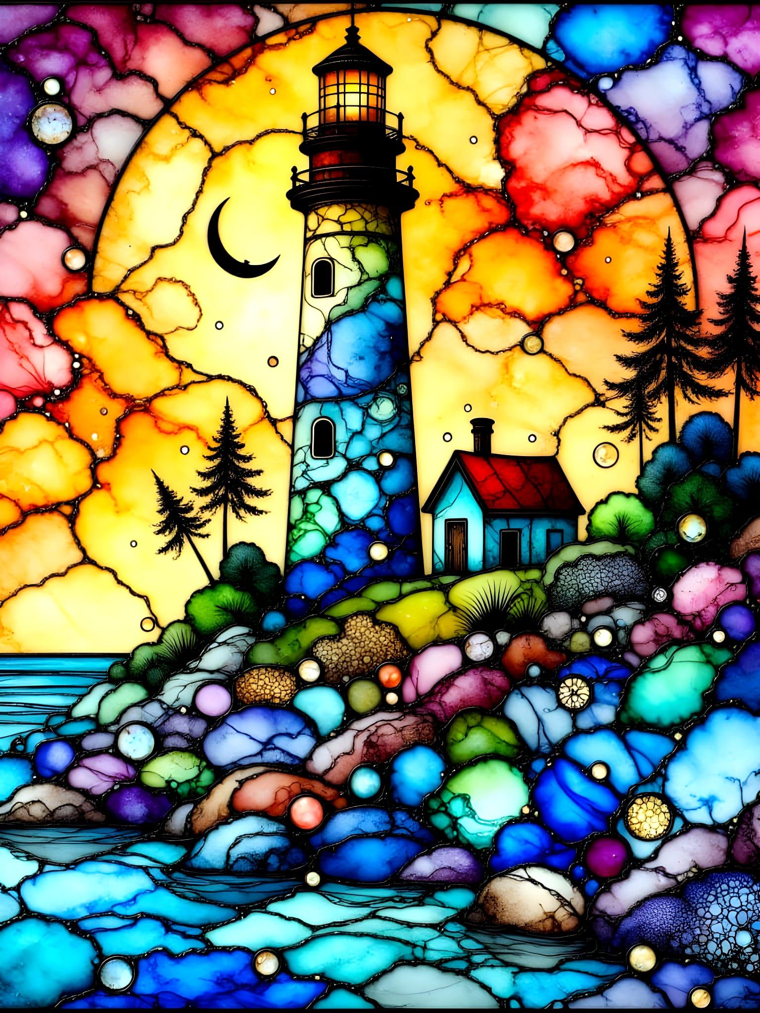 Stained Glass Lighthouse on Rocky Shore in Art Nouveau Style