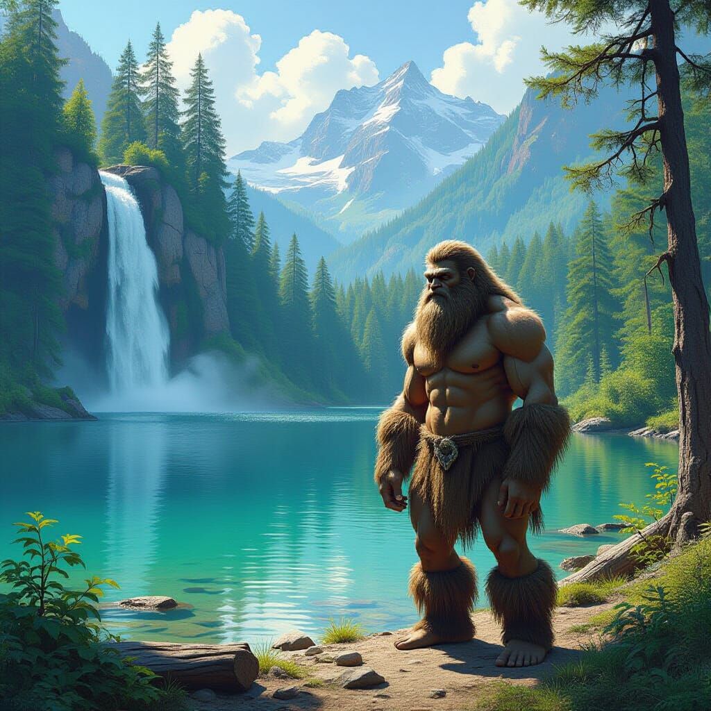 Bigfoot in Lush Forest Landscape Art
