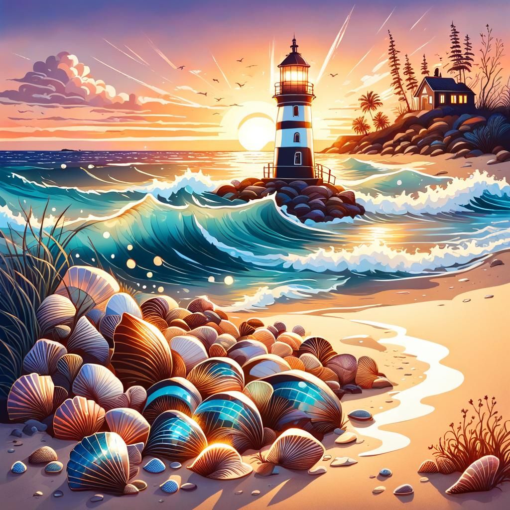 Hand-Drawn Lighthouse at Sunset with Shells