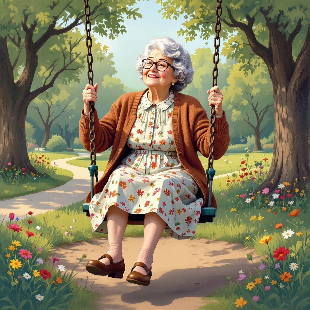 Happy Elderly Woman Swinging in Public Park