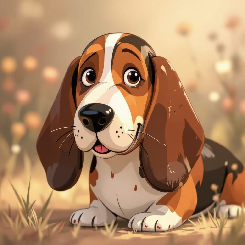 Joyful Tin Basset Hound in Sun-Drenched Meadow