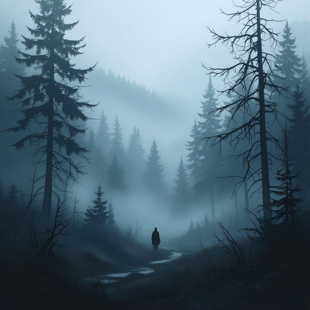 Eerie Misty Forest in Digital Art Style