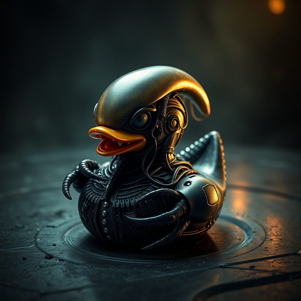 Biomechanical Rubber Duck in Dark, Gothic Industrial Setting