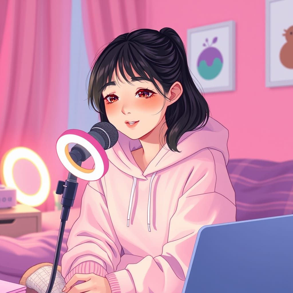 Woman Recording ASMR in Pink Bedroom with Ring Light