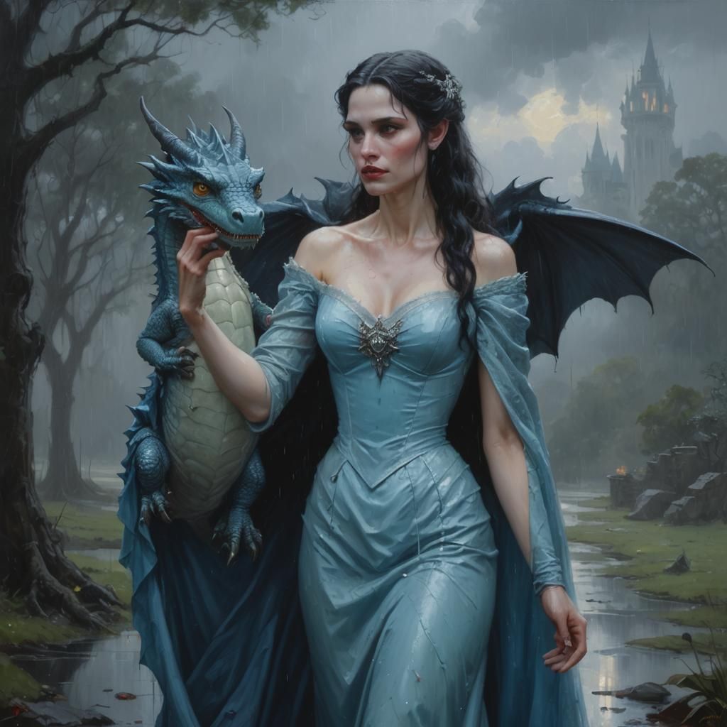 Vampire Princess with Dragon, Oil Painting