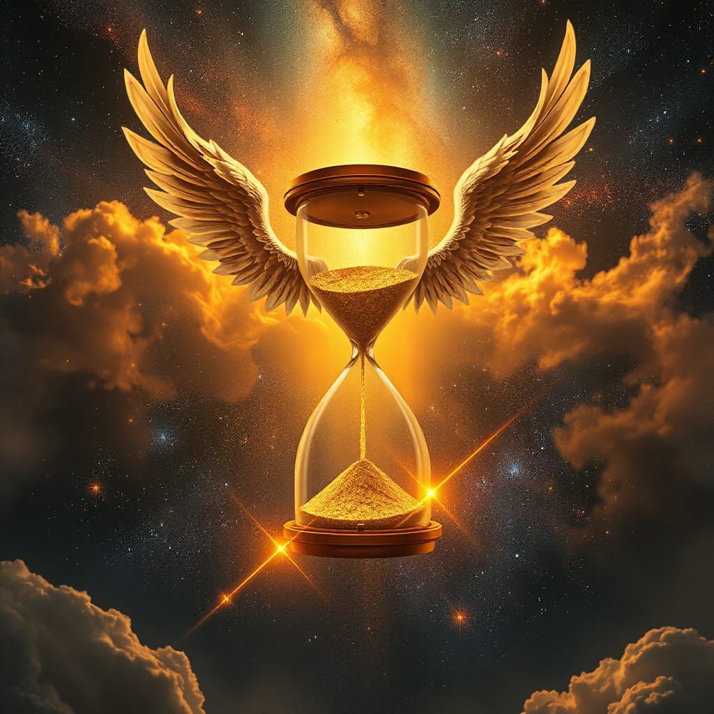 Winged Hourglass Soars Through Starry Sky