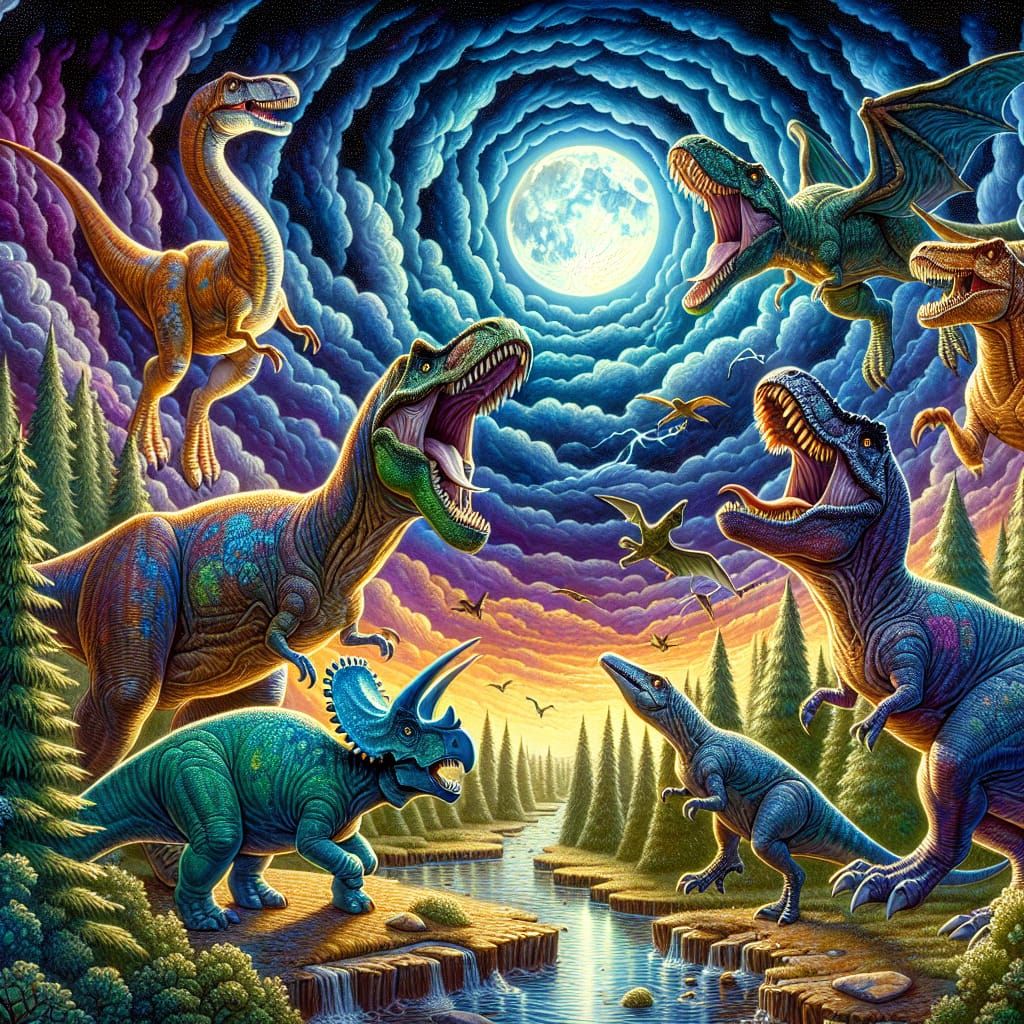 Dinosaurs Roaring in Forest Thunderstorm with Gouache Swirls