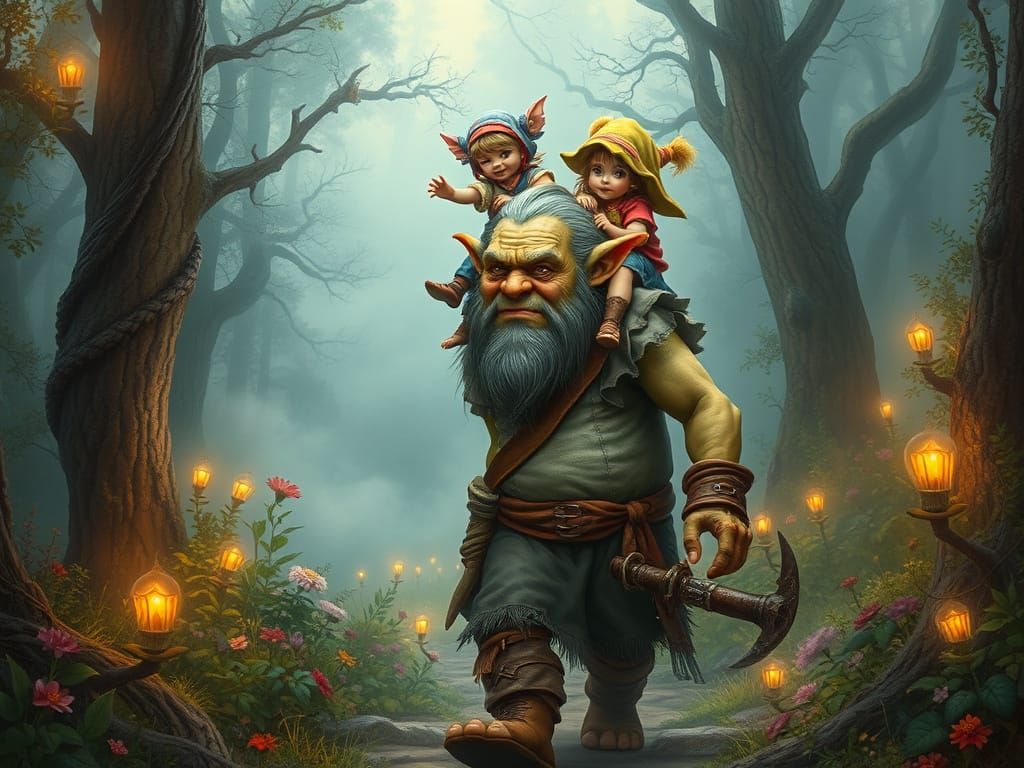 Ogre's Whimsical Forest Walk in Hyperdetailed Style