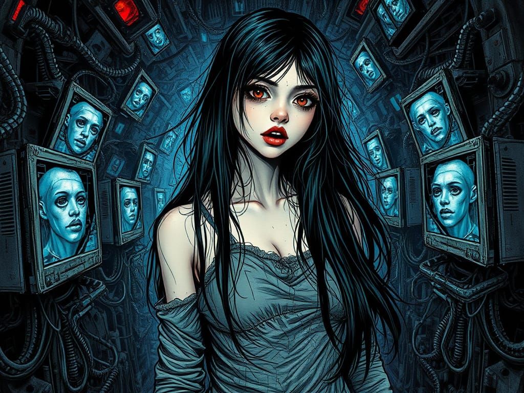 Gothic Anime Woman in Glitching Cyberpunk Landscape