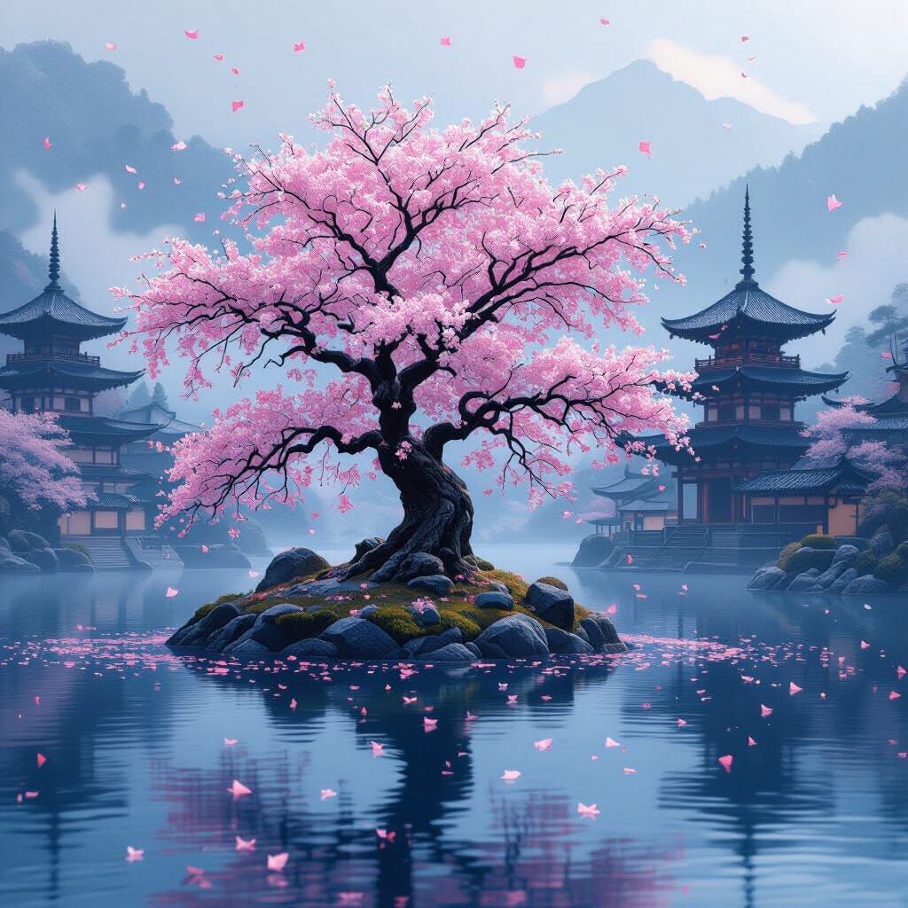 Sakura Tree on Misty Island: Matte Painting Style