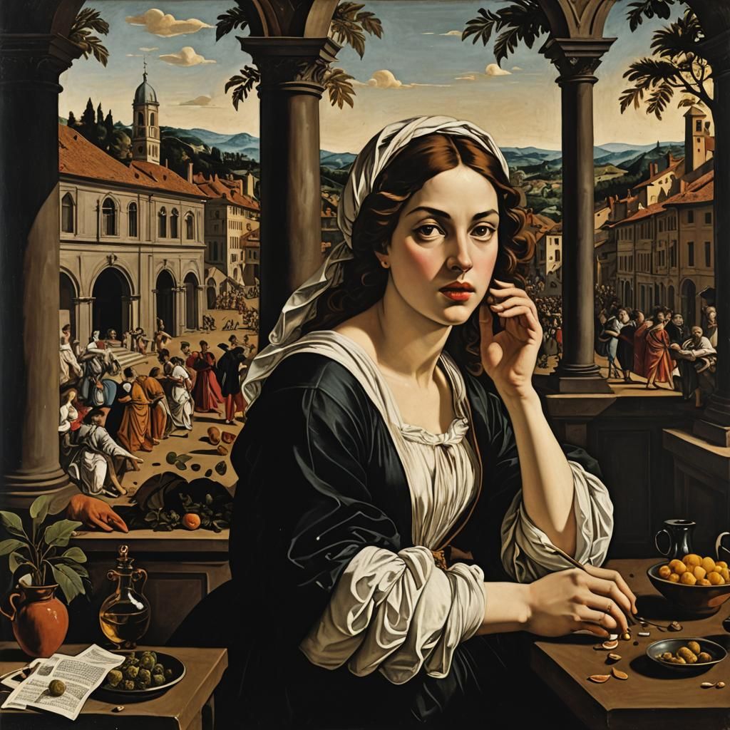 European Scene in Gouache and Ink Print