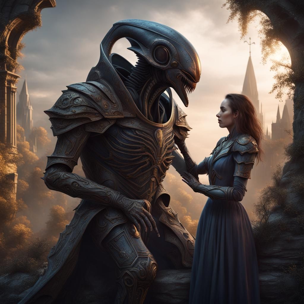 Romantic Knight and Alien Embrace: Detailed Fantasy Art