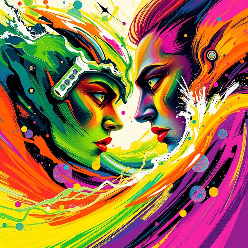 Vibrant Abstract Duet in Cyberpunk Style