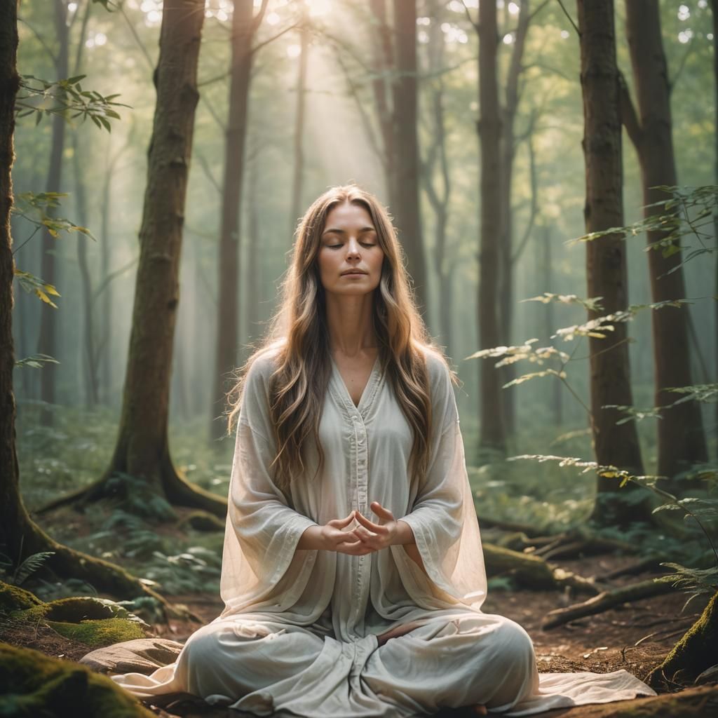 Impressionistic Woman Meditating in Sunlit Forest