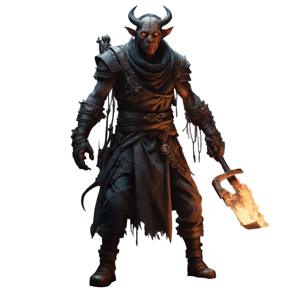 Tiefling in Dark, Moody Chamber, Shoveling Coal, in Cyberpun...