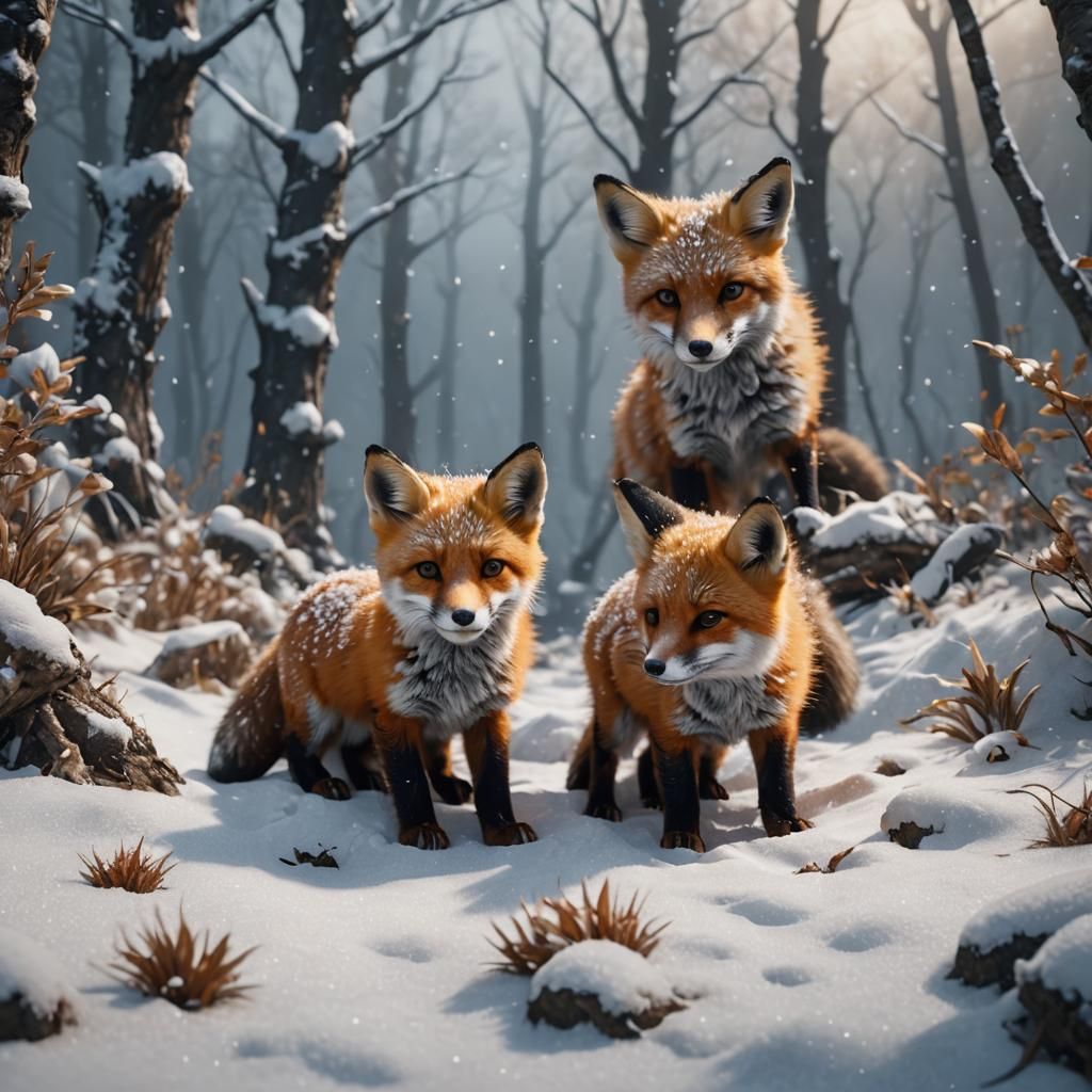 Two Baby Foxes in Snow: Detailed Matte Painting