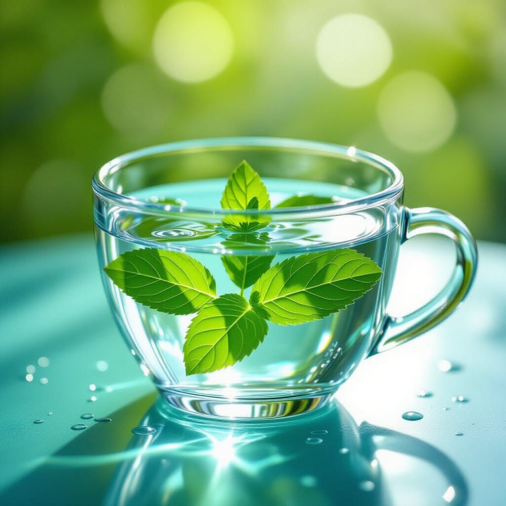 Clear Water Cup with Mint Leaves in Soft Bokeh