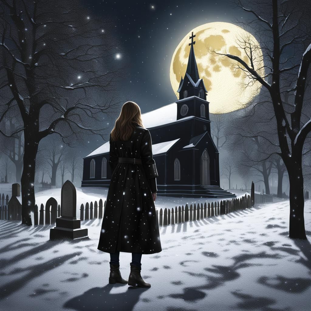 Moonlit Walk in Snowy Churchyard