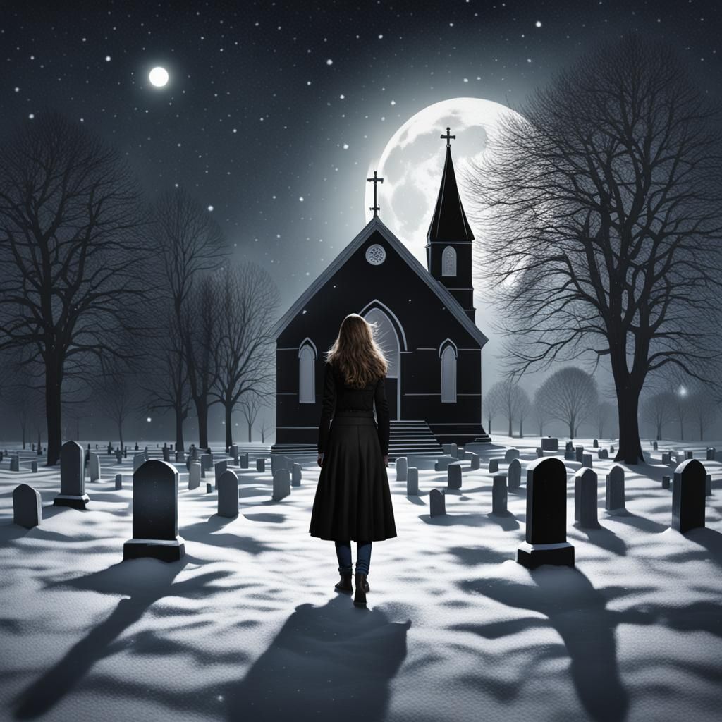 Woman in Snowy Churchyard at Night