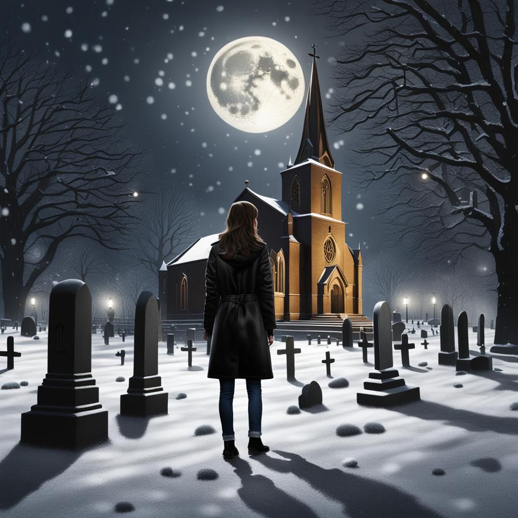 Moonlit Snowfall in Churchyard, Photorealistic Style