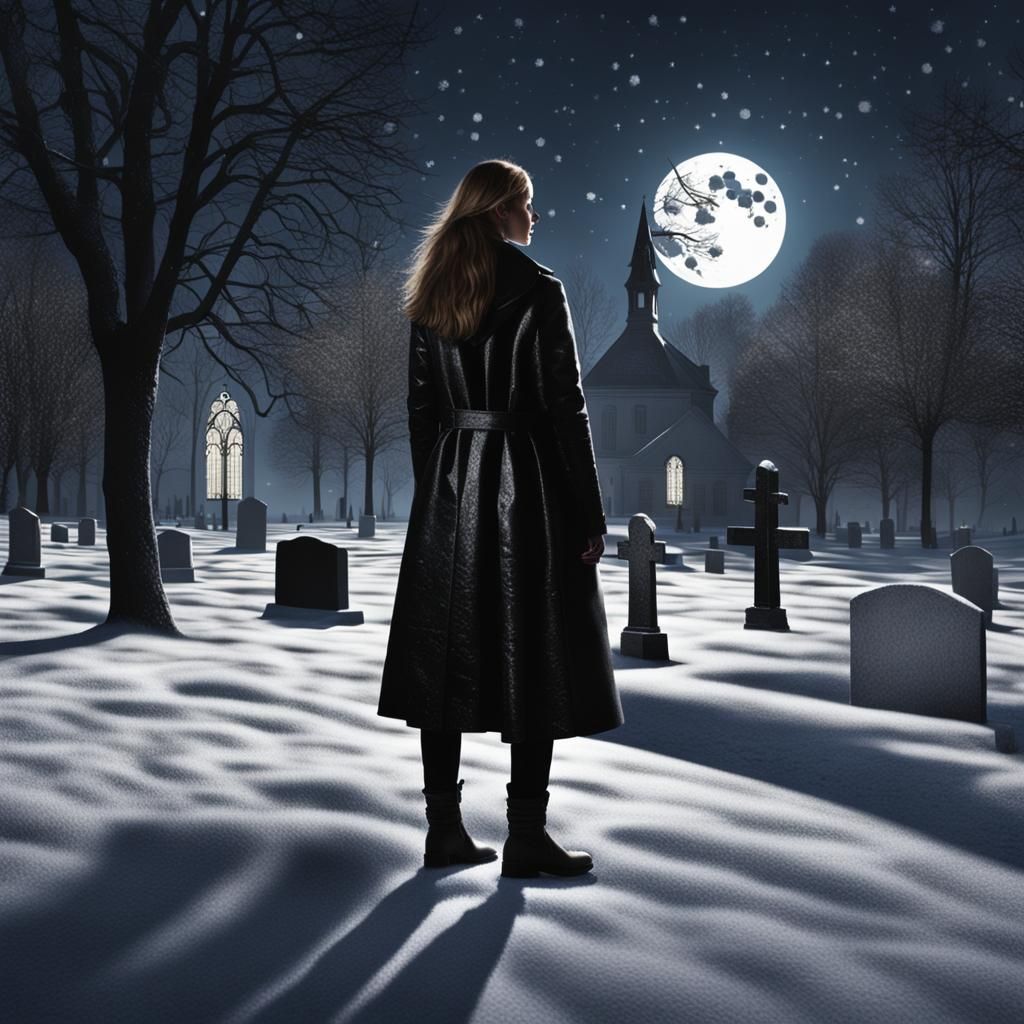 Woman in Snowy Churchyard at Night