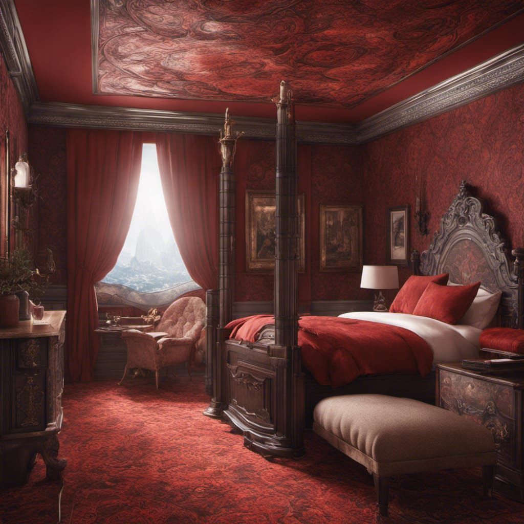 Hotel Bedroom with Red Pattern in Detailed Matte Painting
