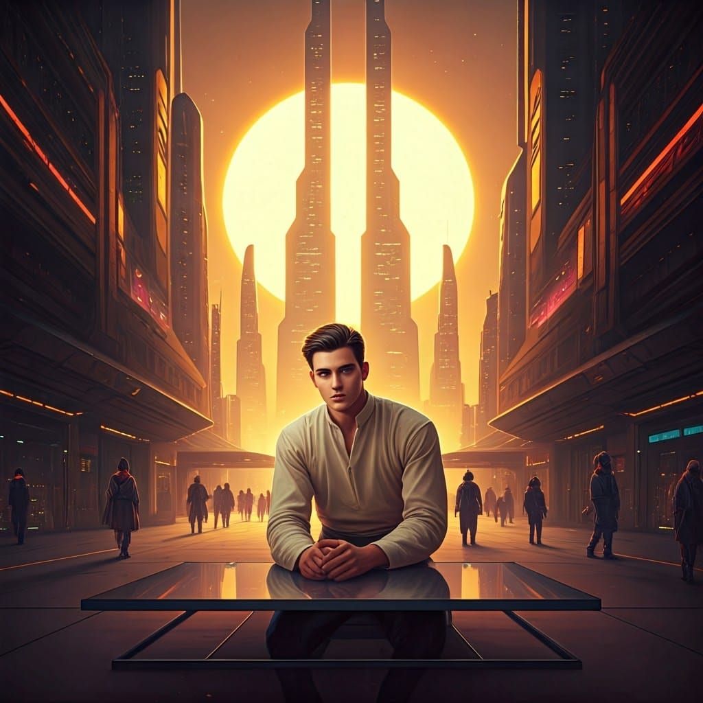 Retro-Futuristic Man in Neon Cityscape