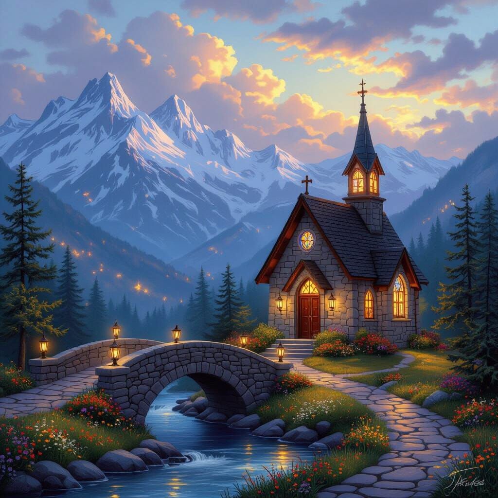 Glowing Mountain Chapel in Romantic Realism