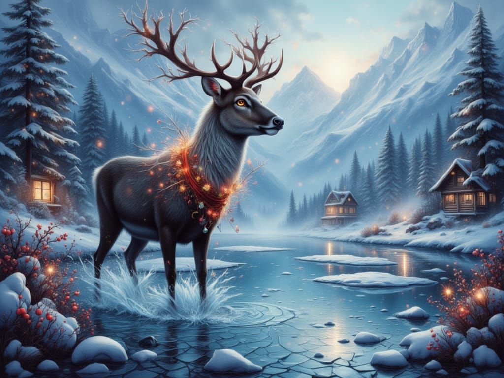 Mystical Reindeer on a Splintered Frozen Lake