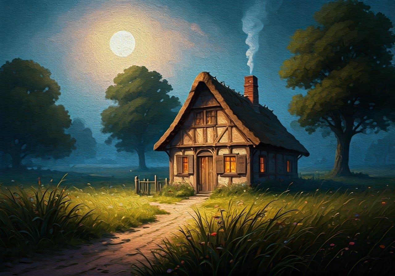 Medieval Cottage in Moonlit Field as Impasto Painting
