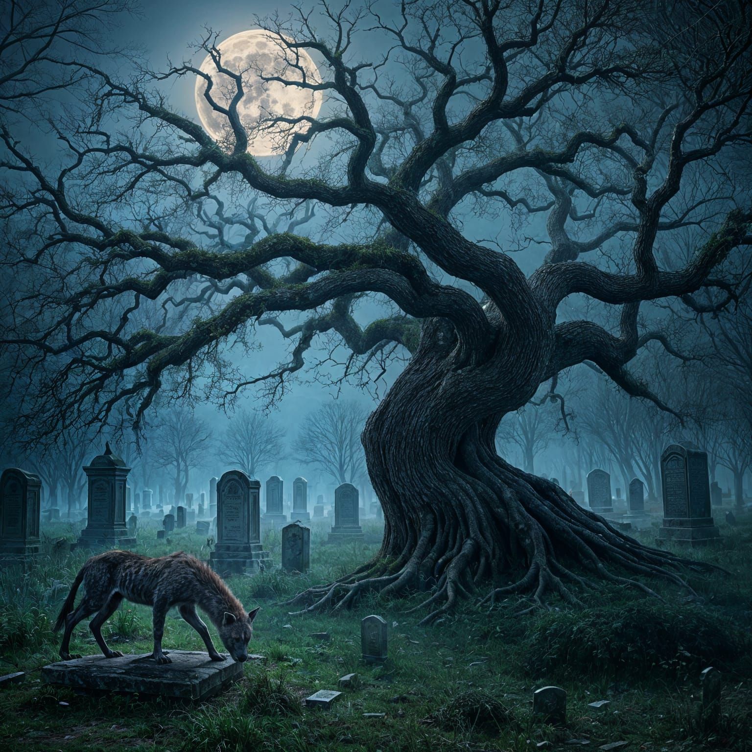 Moonlit Graveyard Scene with Hyenas