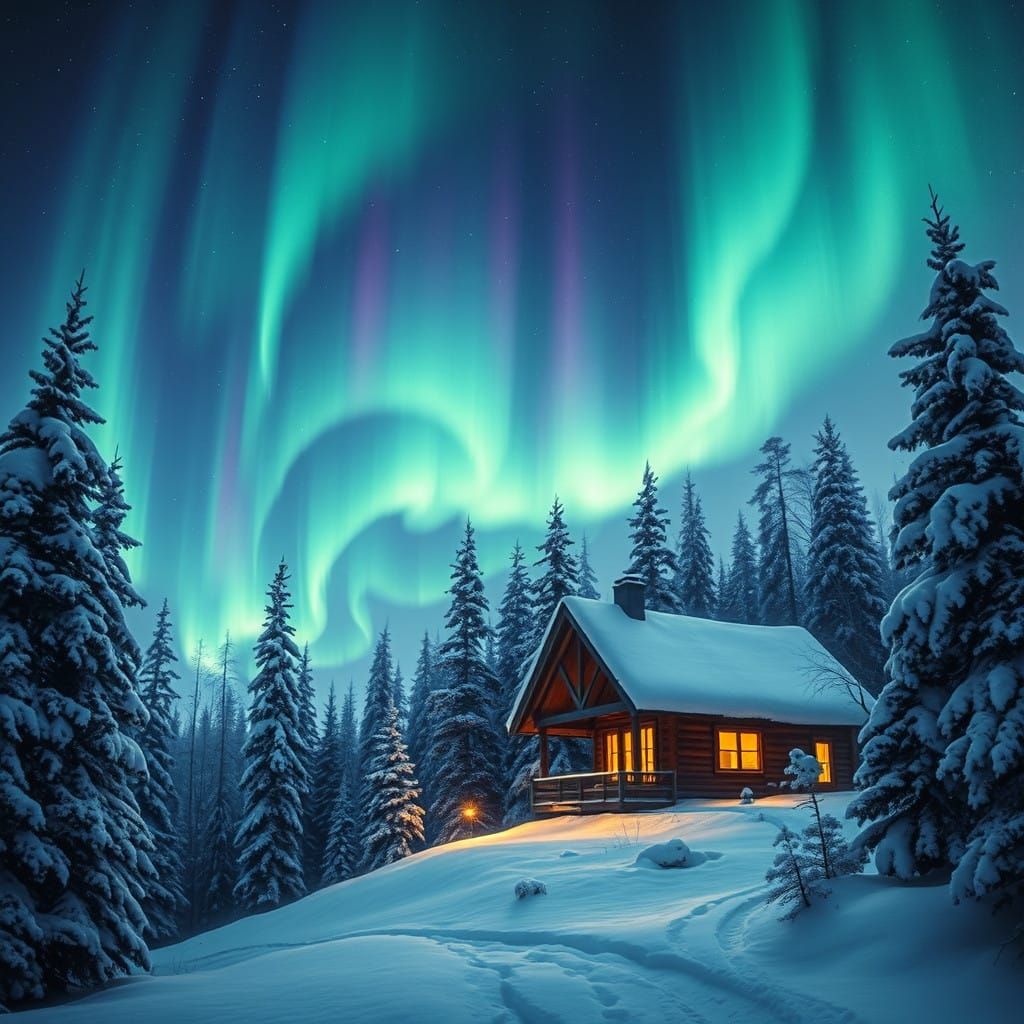 Ethereal Cabin Scene with Northern Lights