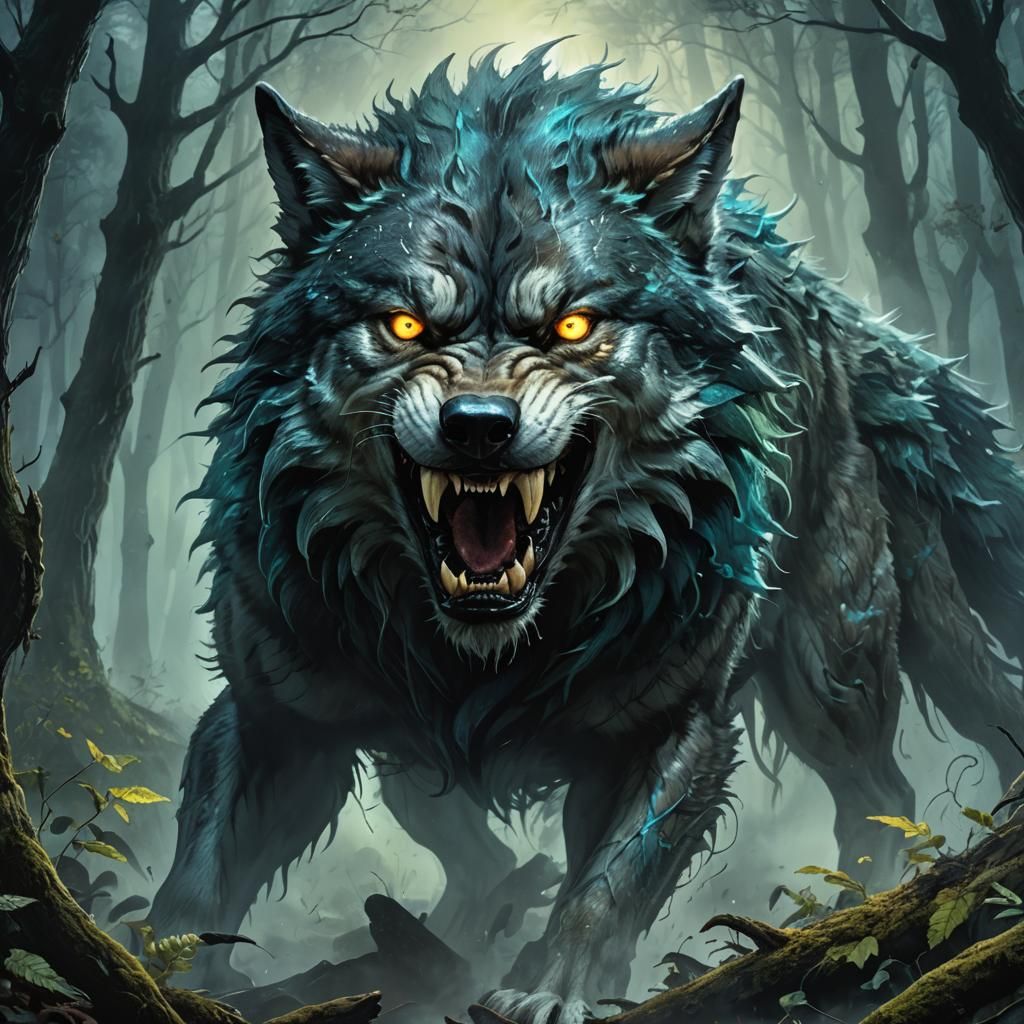 Wolf-Like Monster Roaring in Misty Forest