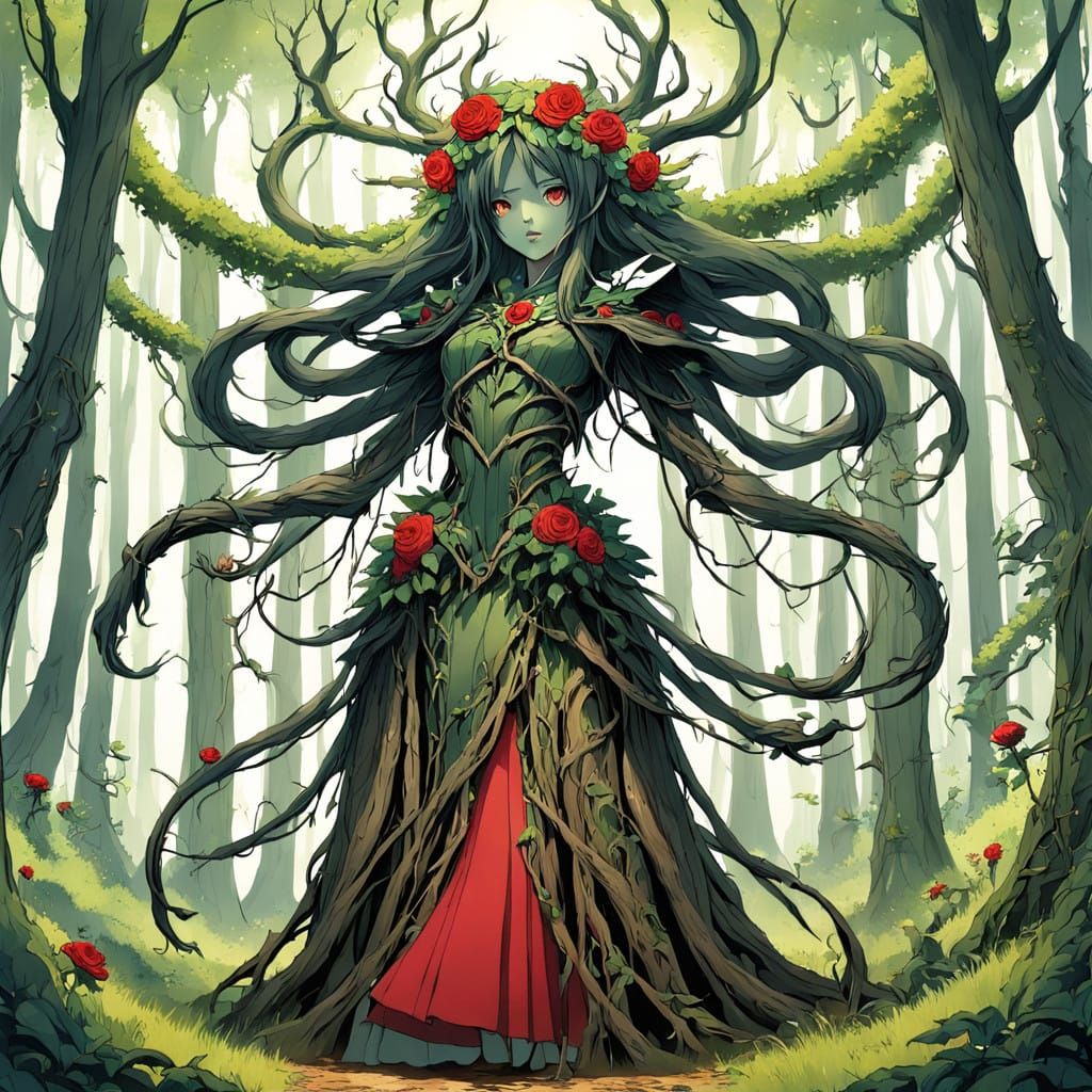 Majestic Plant Woman in Anime-Inspired Floral Throne