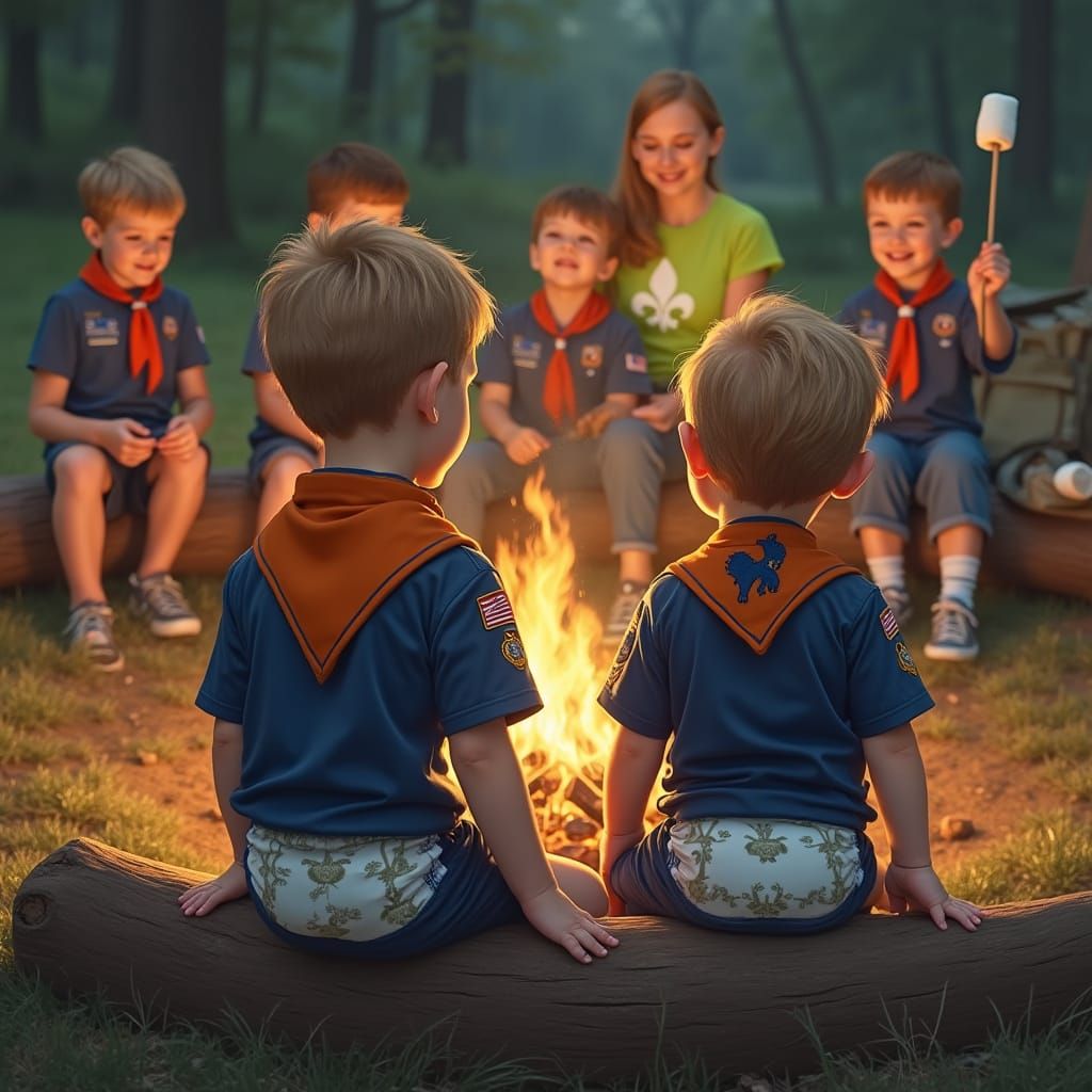 Young Cub Scouts Roast Marshmallows by Campfire