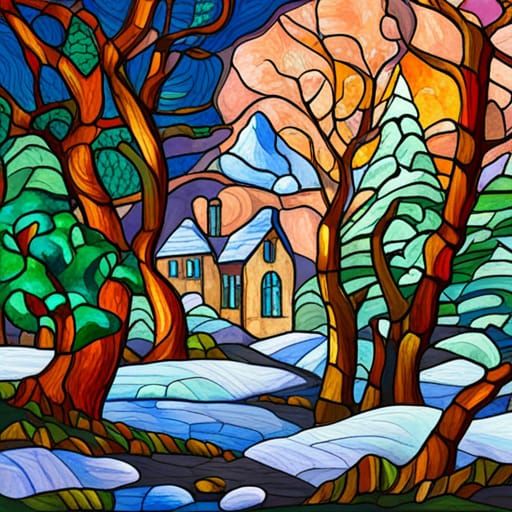 Stained Glass Snowy Scene in Gouache Style
