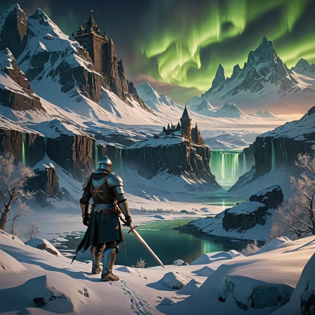 Arctic Knight in Blizzard Under Aurora Borealis