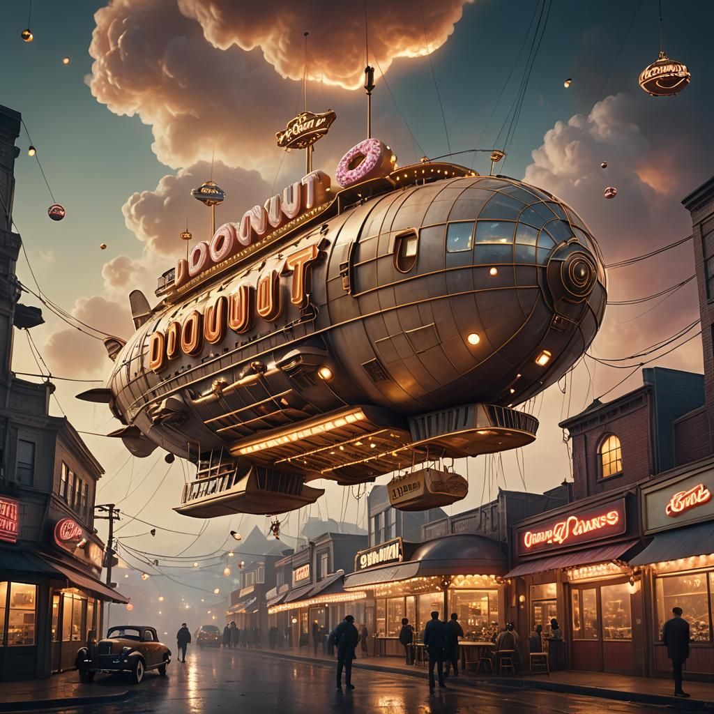 Fantasy Donut Shop Airship in Vintage Advertisement Style