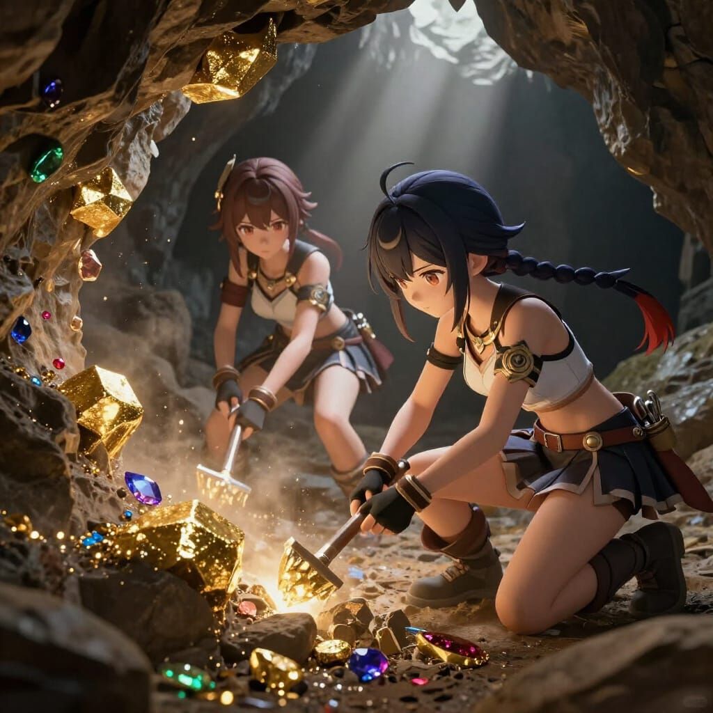 Anime Women Mining Gold in a Crystal Cavern