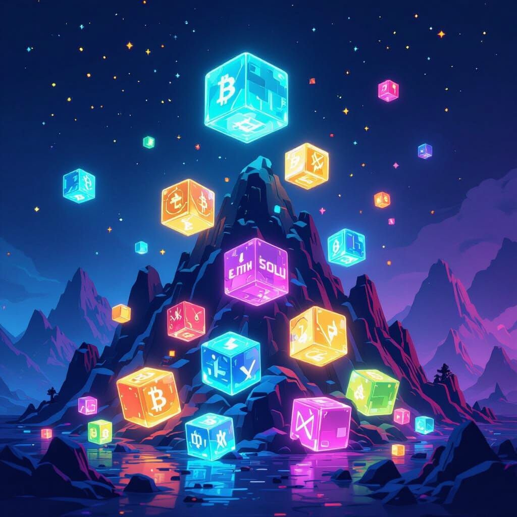 Crypto Cubes Falling in Pixel Art Style
