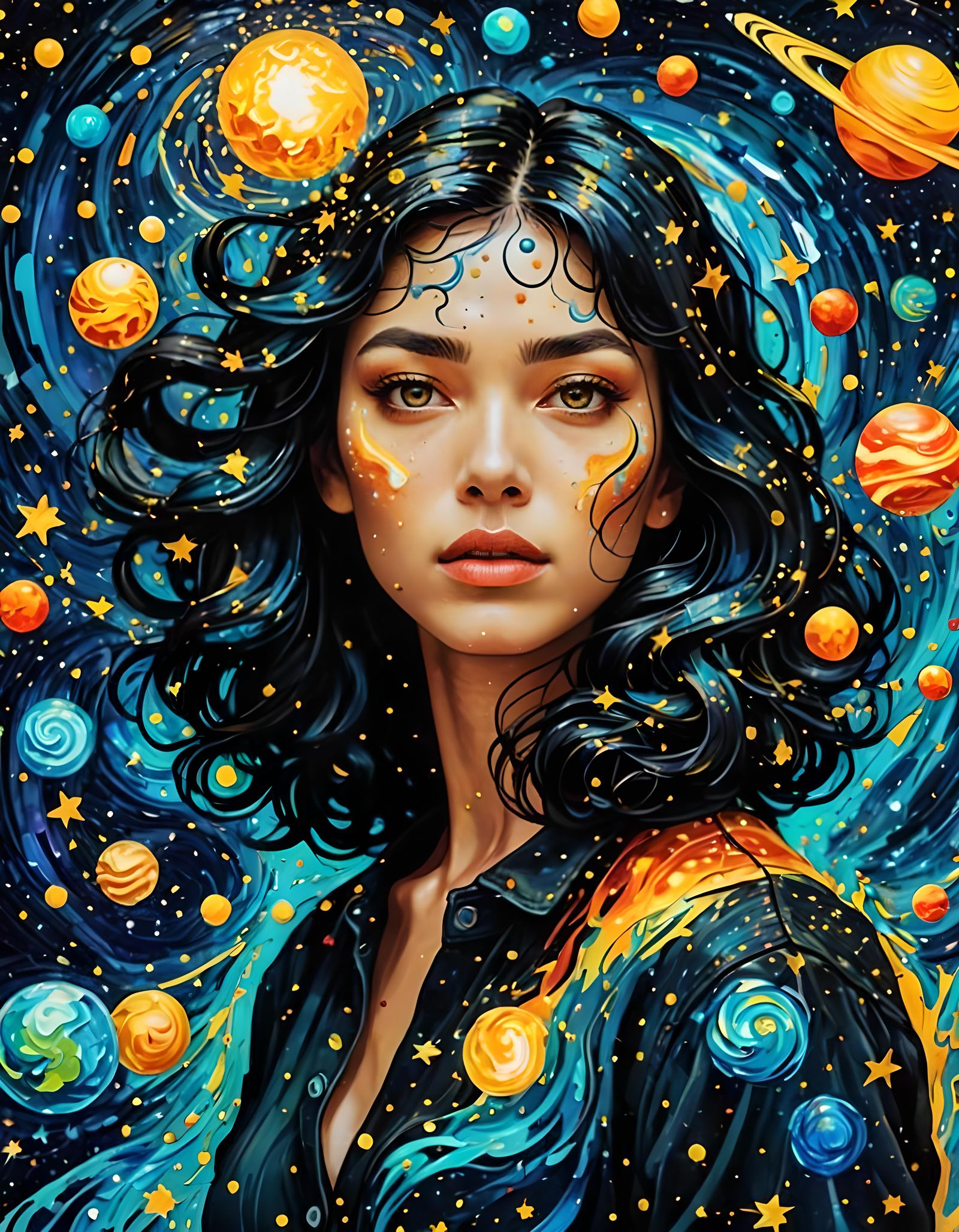 Starry Galaxy Woman in Van Gogh Style