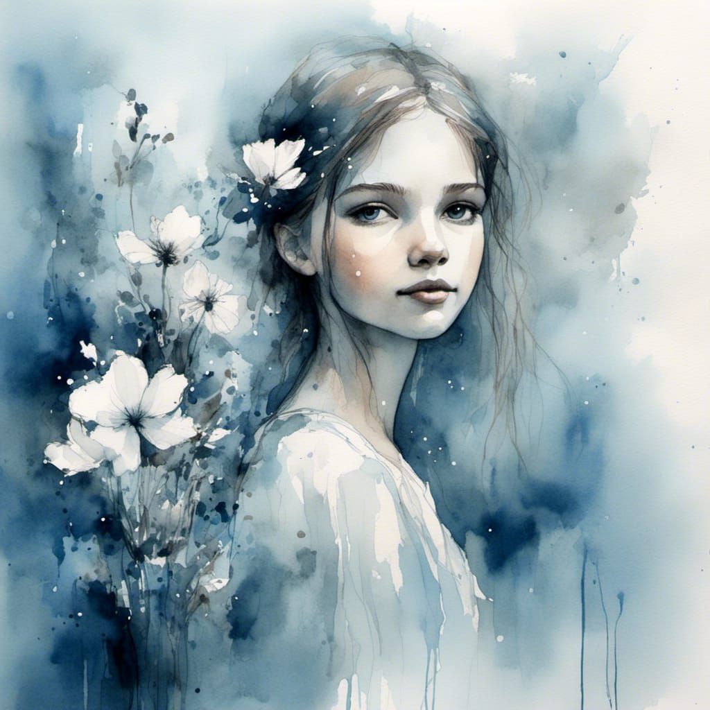Monochromatic Watercolour Portrait of Girl with Flower