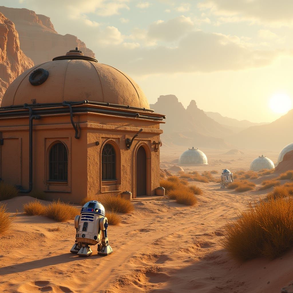 Hyperrealistic Desert Building with Robots and Geodesic Dome...