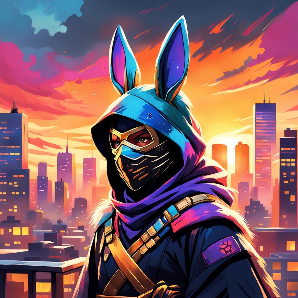 Female Bunny Ninja on Rooftop at Sunset