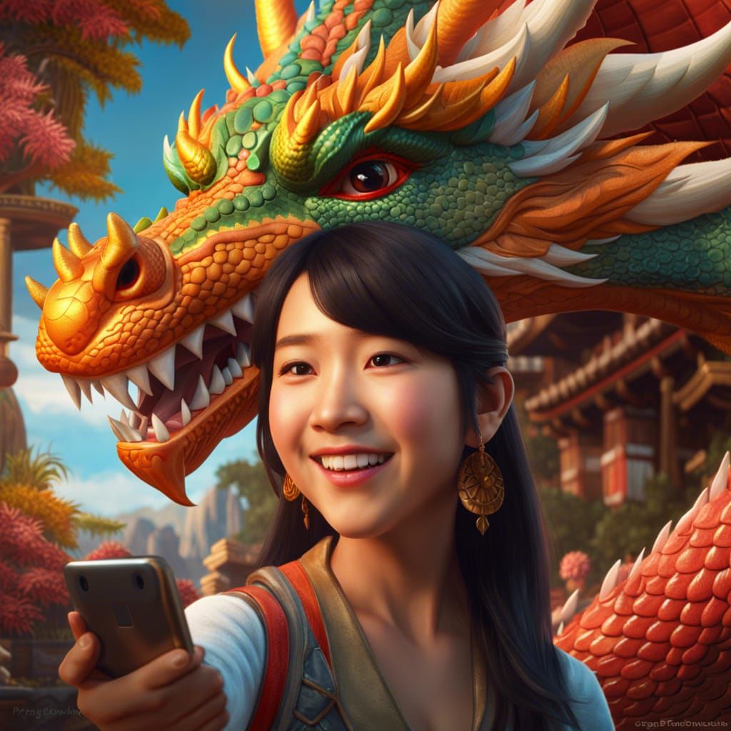 Selfies with a Cheerful Asian Dragon in 8K