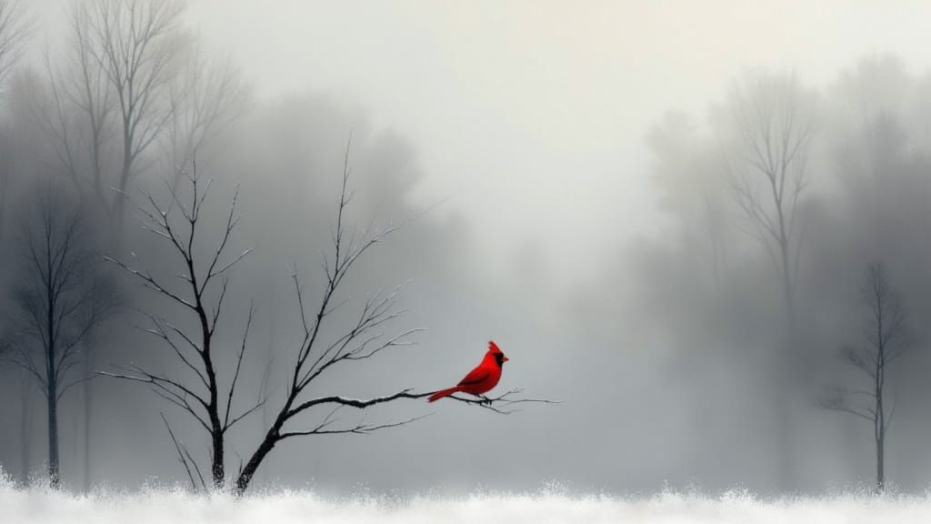 Vibrant Red Cardinal in Snowy Misty Forest Landscape