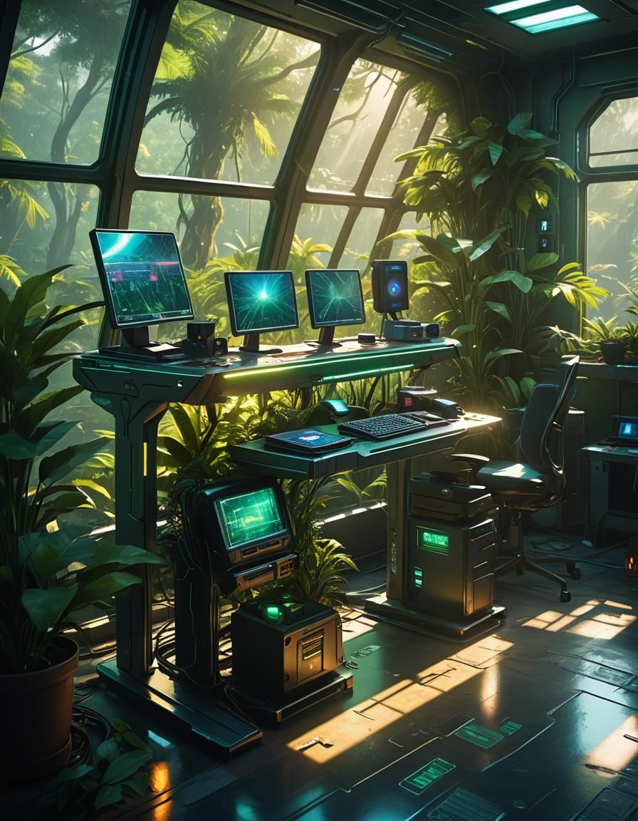 Cyberpunk Solarpunk PC Repair Shop in Jungle